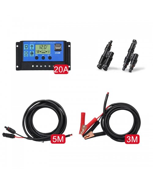 Kabelkit med regulator 20A och krokodilklämmor till solpanel 2x>150W